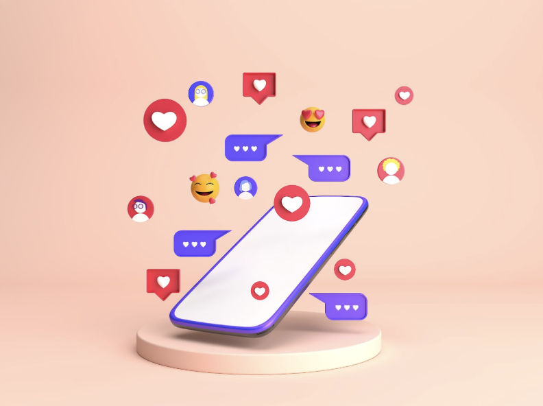 3D illustration of a smartphone surrounded by floating social media icons like hearts, comments, and emojis, representing Facebook engagement for real estate agents.